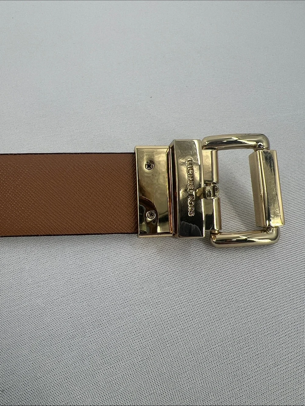 Michael Kors Cream and Brown Reversible Leather Belt with Gold Buckle